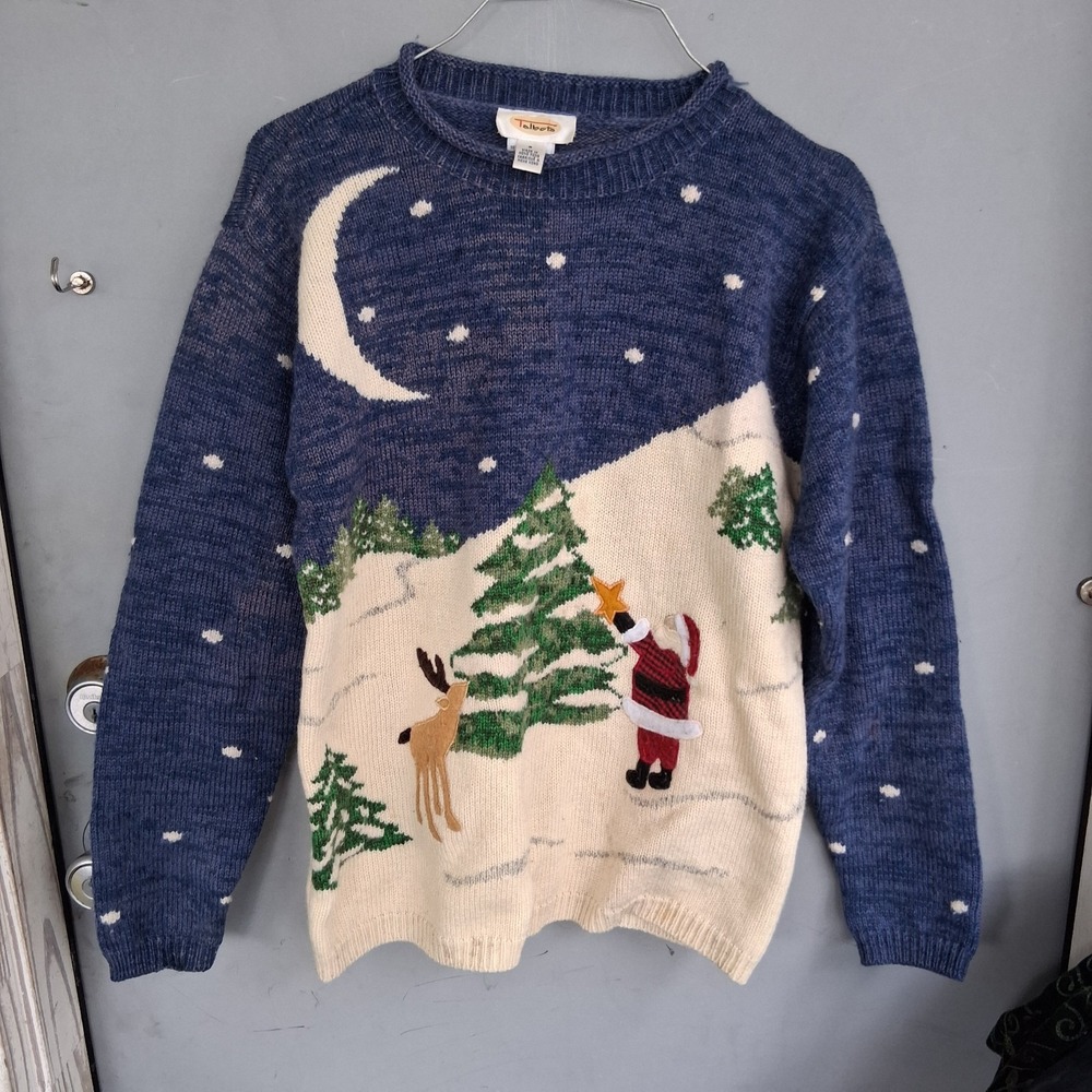 Vintage Talbots Embroidered Cozy Christmas‎ Sweater With Flaw S Santa Moon Stars